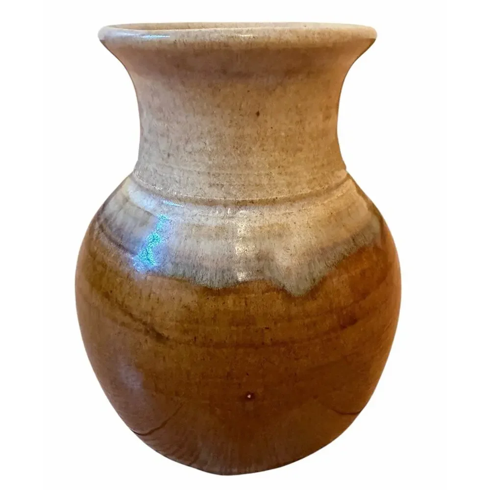 Vintage Clay Hand Thrown Studio Art Pottery Vase SIGNED Earth-tone Swirl Glaze